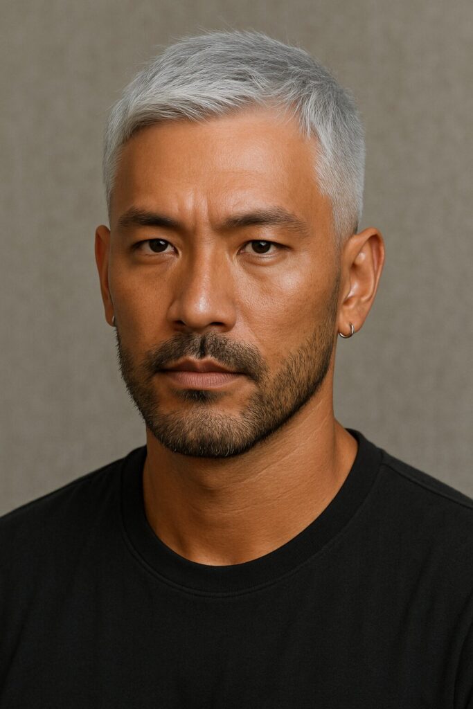 日焼け肌に映えるシルバーヘアカラーの男性の顔