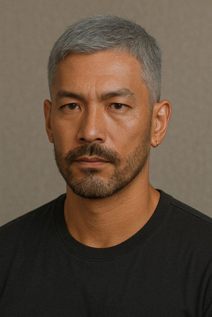 日焼け肌に映えるグレーヘアカラーの男性の顔