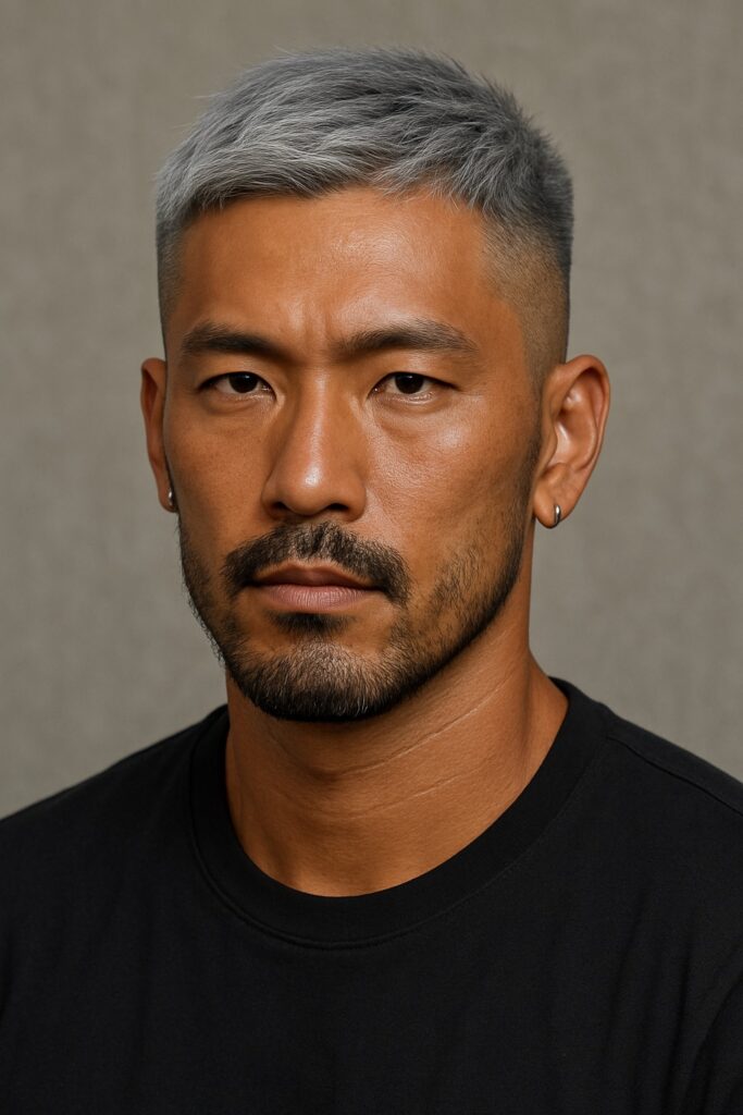 日焼け肌に映えるシルバーグレーヘアカラーの男性の顔