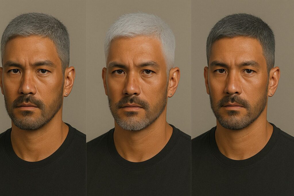 日焼け肌に映えるシルバーグレーヘアカラーの比較画像、男性の顔