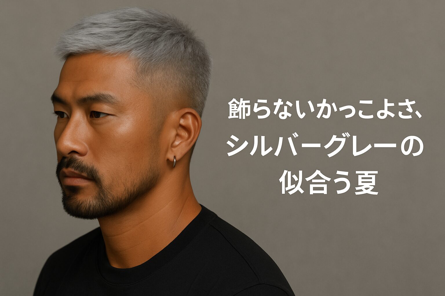 日焼け肌に映えるシルバーヘアカラー日焼け男性の顔