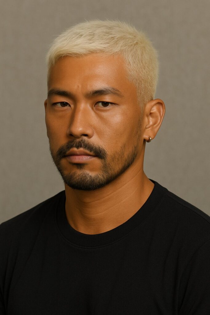 ダブルブリーチ後のアジア系男性のヘアカラー結果。日焼け肌に明るいブロンド系の髪色が映えるスタイル。